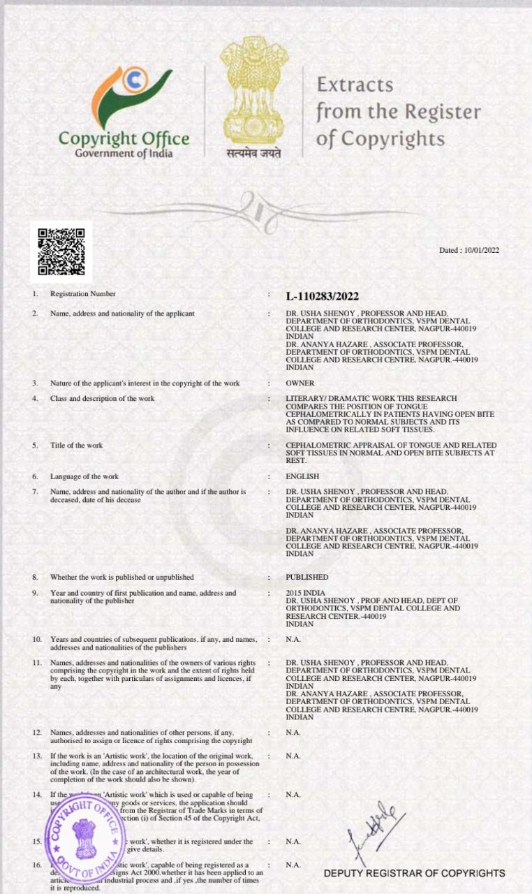 Dr. Usha Shenoy & Dr. Ananya Hazare received a Copyright from Copyright