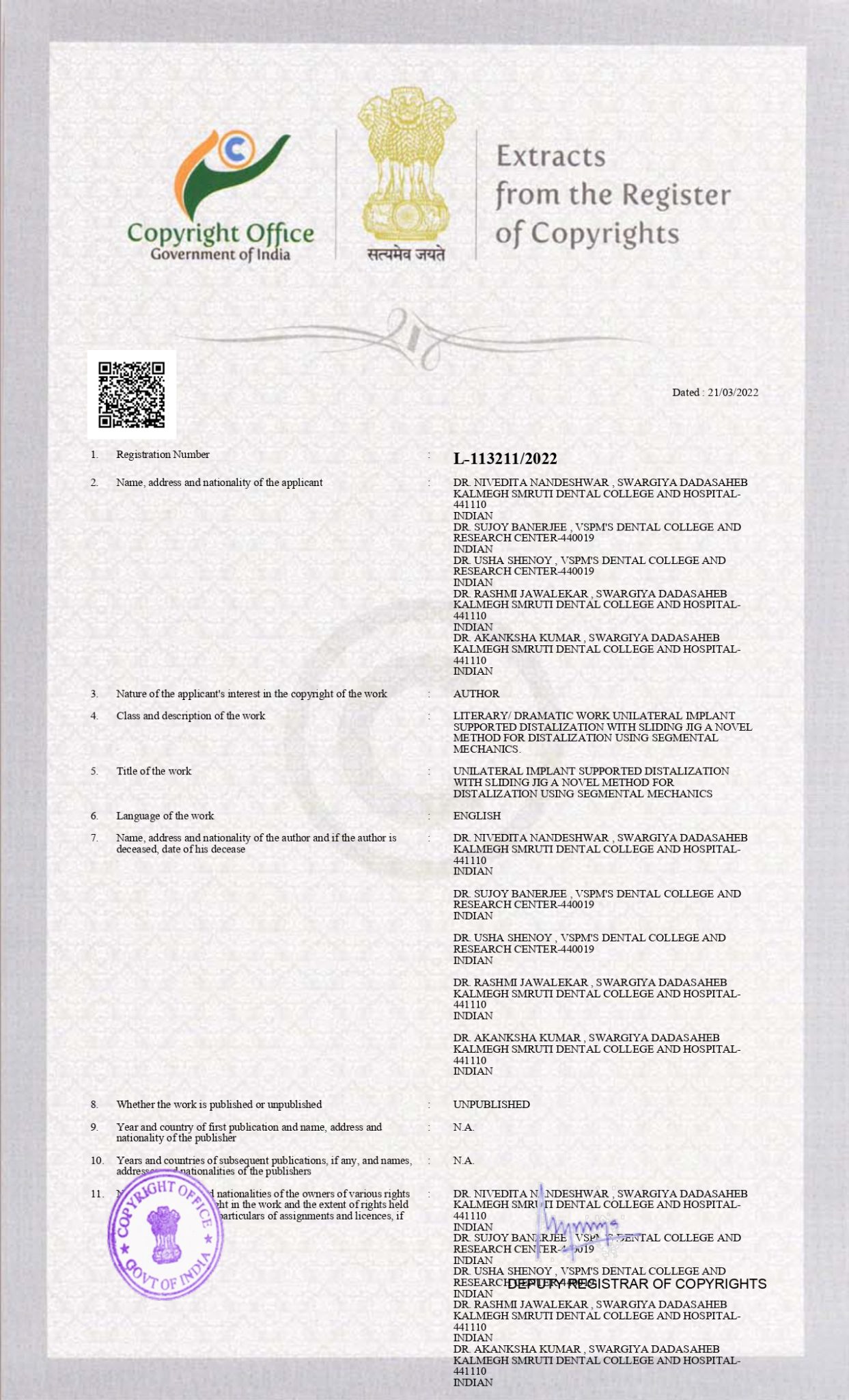 Dr. Nivedita Nandeshwar, Dr. Sujoy Banerjee, Dr. Usha Shenoy, Dr